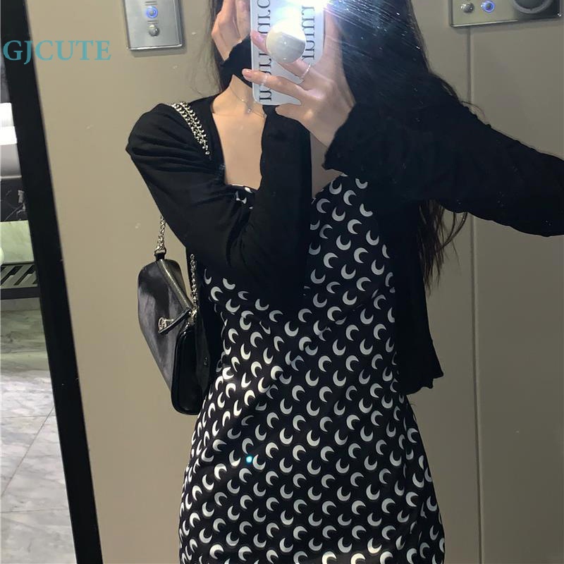 Đầm Hai Dây Mini In Họa Tiết Mặt Trăng Đầy Đủ Phong Cách Đường Phố Hàn Quốc WTD