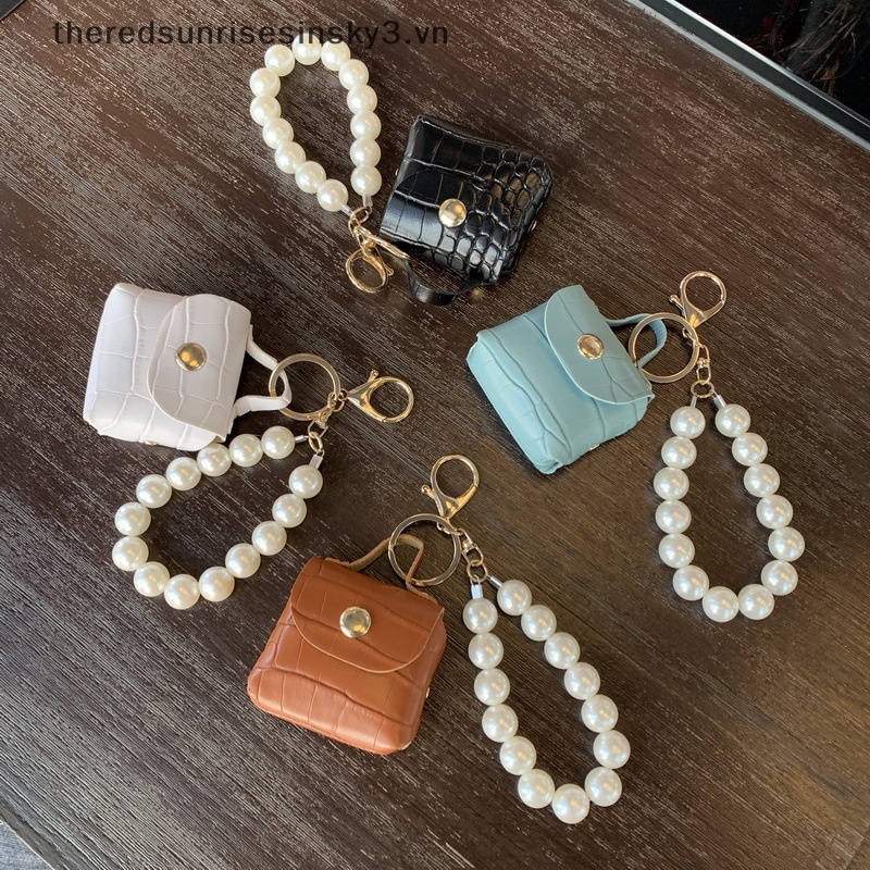 Ví Đựng Tai Nghe / Tiền Xu Mini Bằng Da Mềm Có Móc Khóa Ngọc Trai Thời Trang