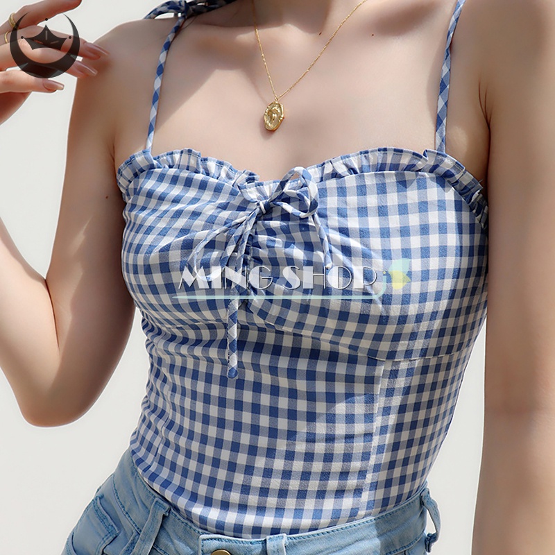 Áo Hai Dây Họa Tiết Sọc Caro Phong Cách Retro Thời Trang Mùa Hè Cho Nữ