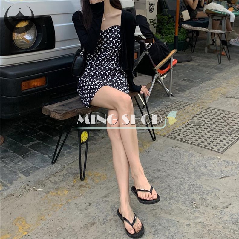Đầm Hai Dây Mini In Họa Tiết Mặt Trăng Đầy Đủ Phong Cách Đường Phố Hàn Quốc Gợi Cảm Cho Nữ TH