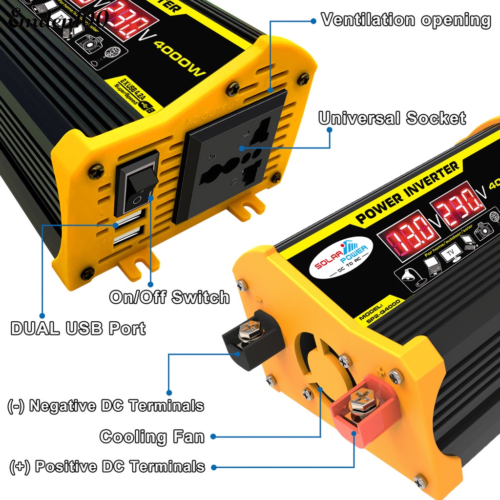 Bộ Chuyển Đổi Nguồn Điện DC 12V Sang AC 220V / 110V Hai Cổng USB 4000W Cho Xe Hơi