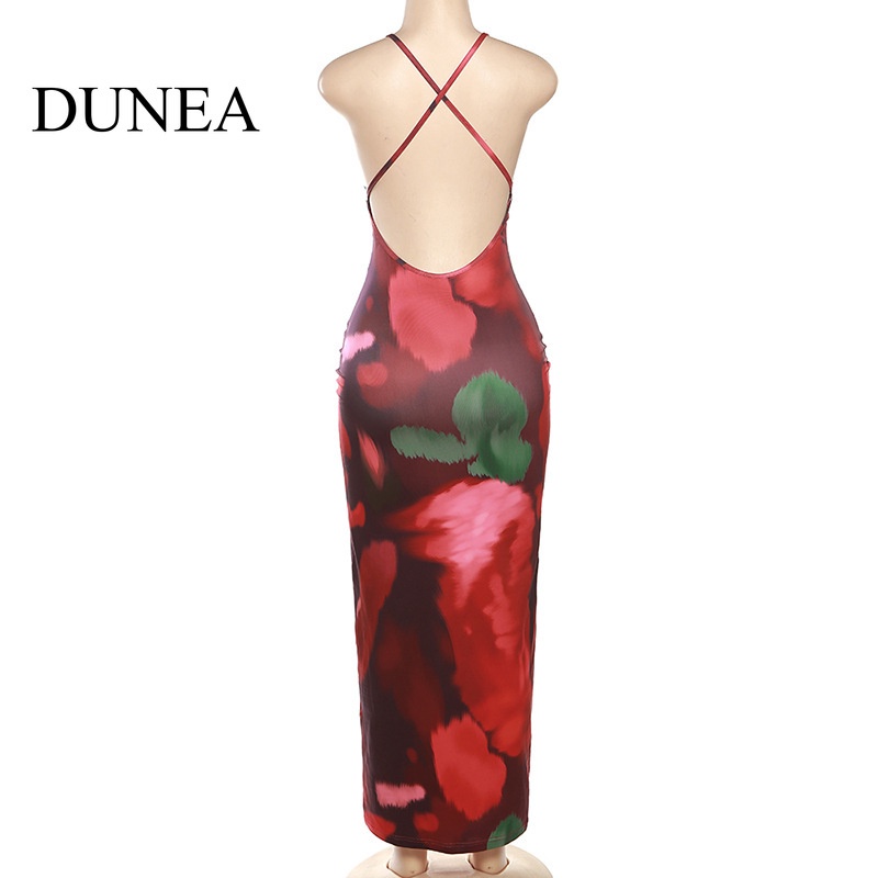 DUNEA Đầm DàI Hở Lưng Cổ Chữ V PhốI Ren Hoa GợI CảM Cho Nữ