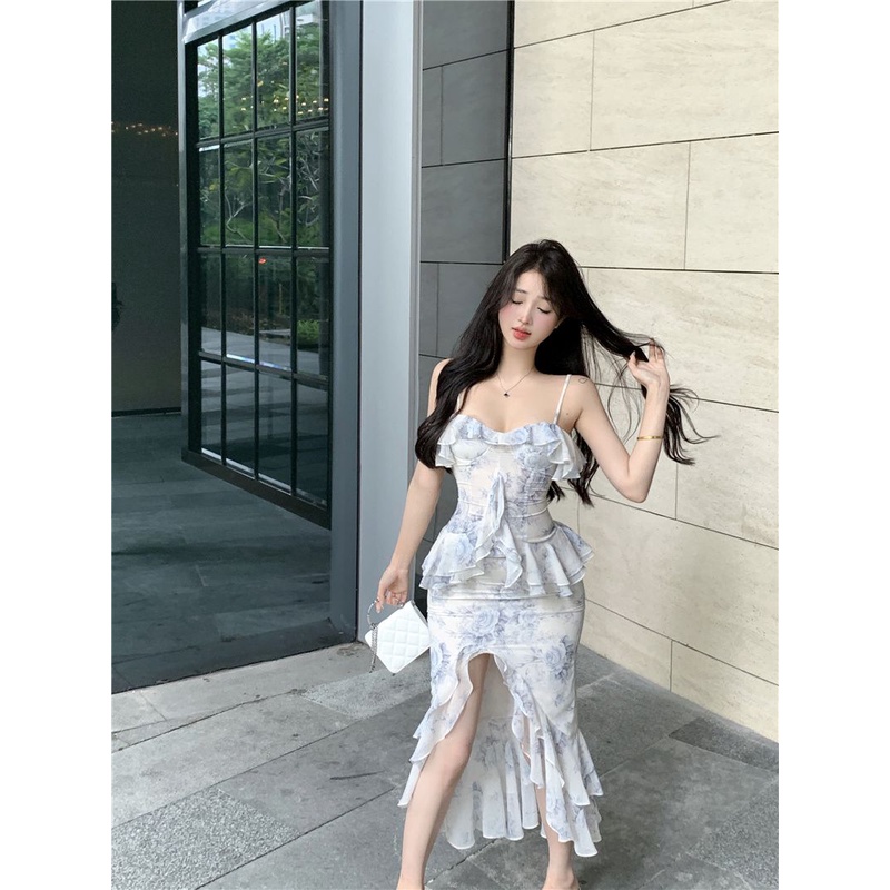 Đầm Voan Hoa Hai Dây Xẻ Tà Ôm Eo Thời Trang Mùa Hè Cho Nữ X