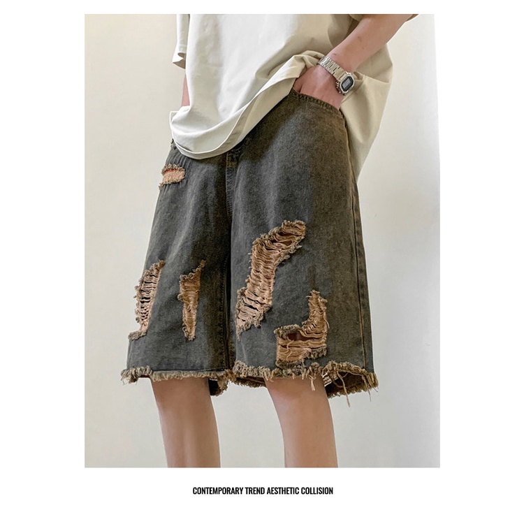 Quần Short Denim Rách Phong Cách Hip Hop Đường Phố Cho Nam