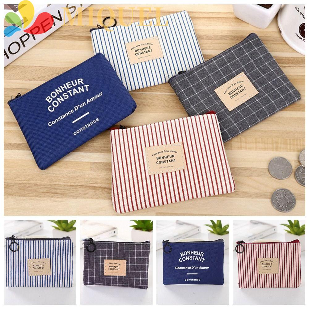 MIQUEL Ví Đựng Tiền Xu Bằng Vải Canvas In Họa Tiết Kẻ Sọc / Hình Vuông Kèm Móc Khóa Xinh Xắn Cho Nữ