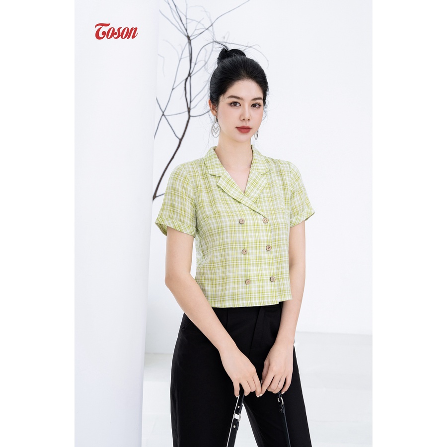 Áo sơ mi kẻ xanh thô đũi, cổ K cài 2 hàng khuy Toson 13036X93