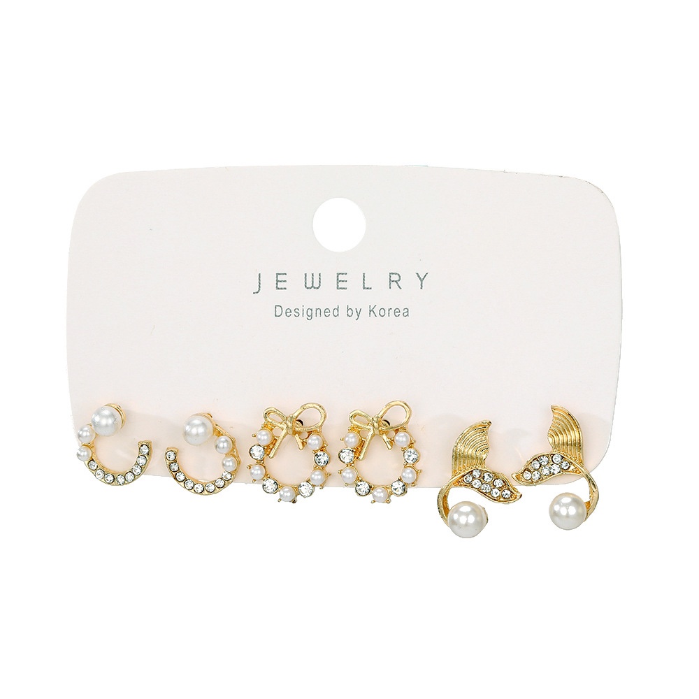 Bộ Khuyên Tai Thời Trang Đính Kim Cương & Ngọc Trai & Nơ & Đuôi Cá
