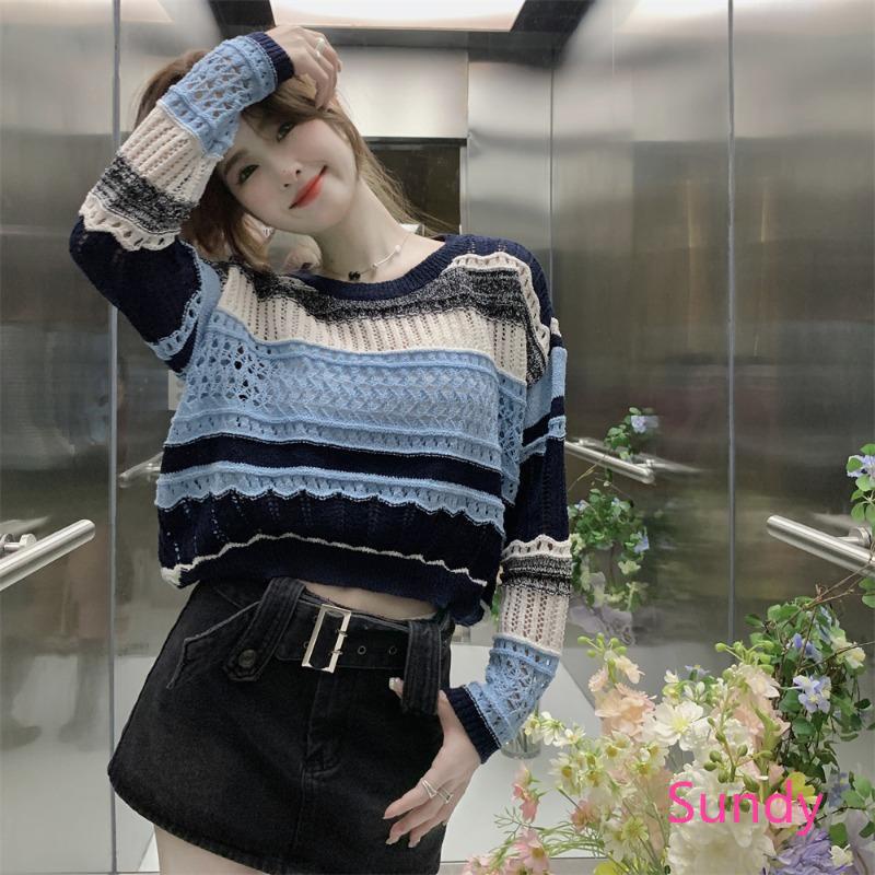 Áo Thun Dệt Kim Tay Dài Dáng Rộng Kẻ Sọc Màu Xanh Dương Ngọt Ngào Thời Trang Xuân Thu Cho Nữ Có Size Lớn