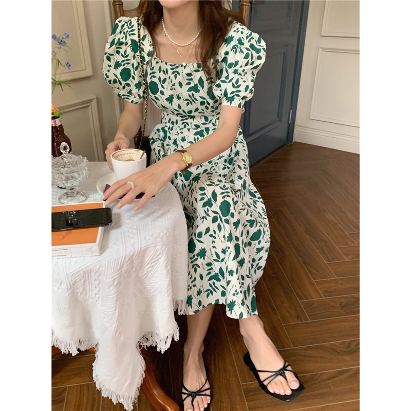 Đầm midi Cổ Vuông Tay Phồng In Hoa Màu Xanh Lá Dễ Thương Phong Cách Hàn Quốc Thời Trang Mùa Hè Cho Nữ