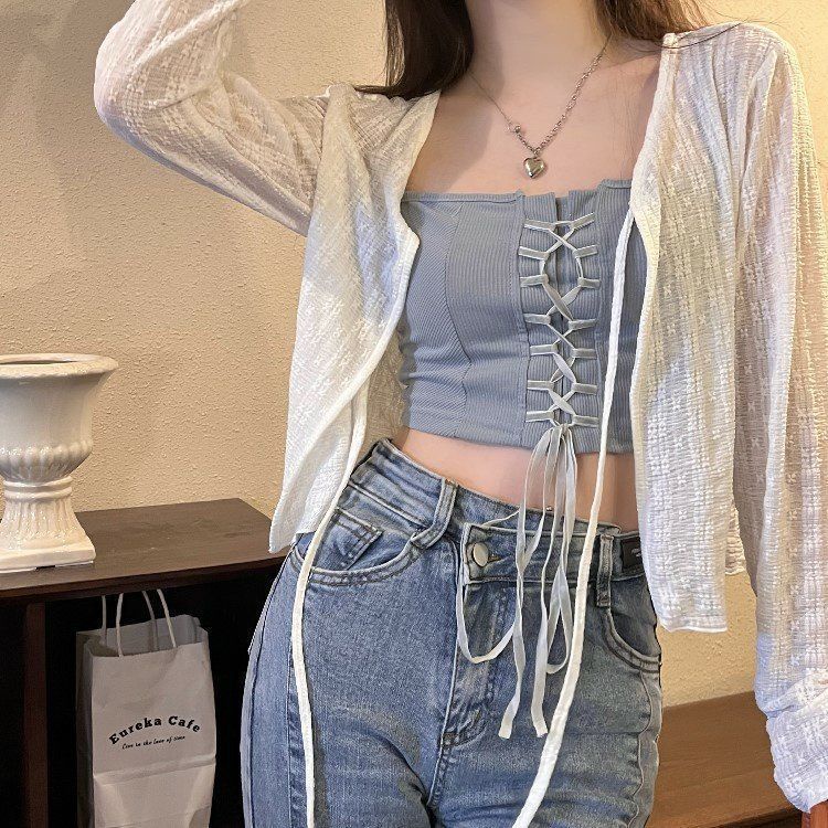 Áo Khoác Cardigan Ren Mỏng Dài Tay Dáng Ngắn Thời Trang Mùa Hè Dành Cho Nữ