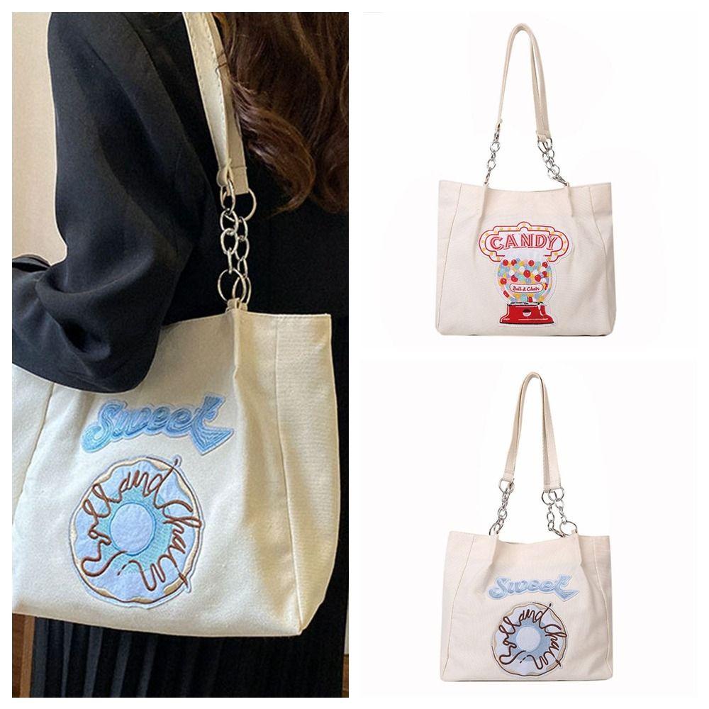 FALLFORBEAUTY Túi Tote Vải Canvas Thêu Chữ Sức Chứa Lớn Tái Sử Dụng Được Thiết Kế Dễ Thương Cho Học Sinh