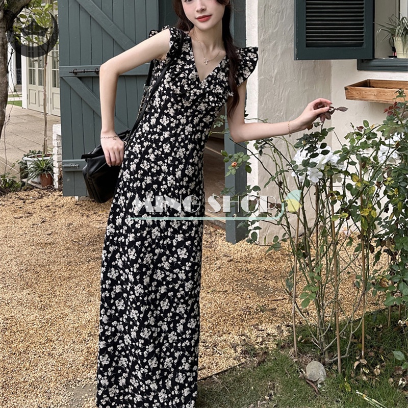 Đầm Hai Dây Y2k In Hoa Eo Cao Gợi Cảm Cho Nữ