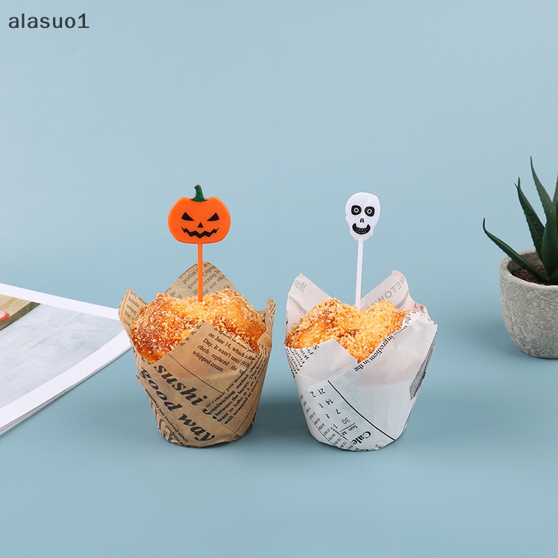 Bộ 10 Nĩa Ăn Trái Cây / Bánh Cupcake Bằng Nhựa Họa Tiết Hoạt Hình Phong Cách Halloween