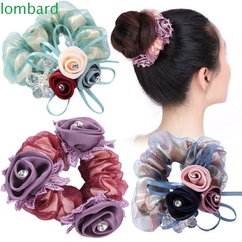 LOMBARD Dây Buộc Tóc Cao Su Co Giãn Bọc Vải Lưới Họa Tiết Hoa Thanh Lịch Ngọt Ngào Cho Nữ