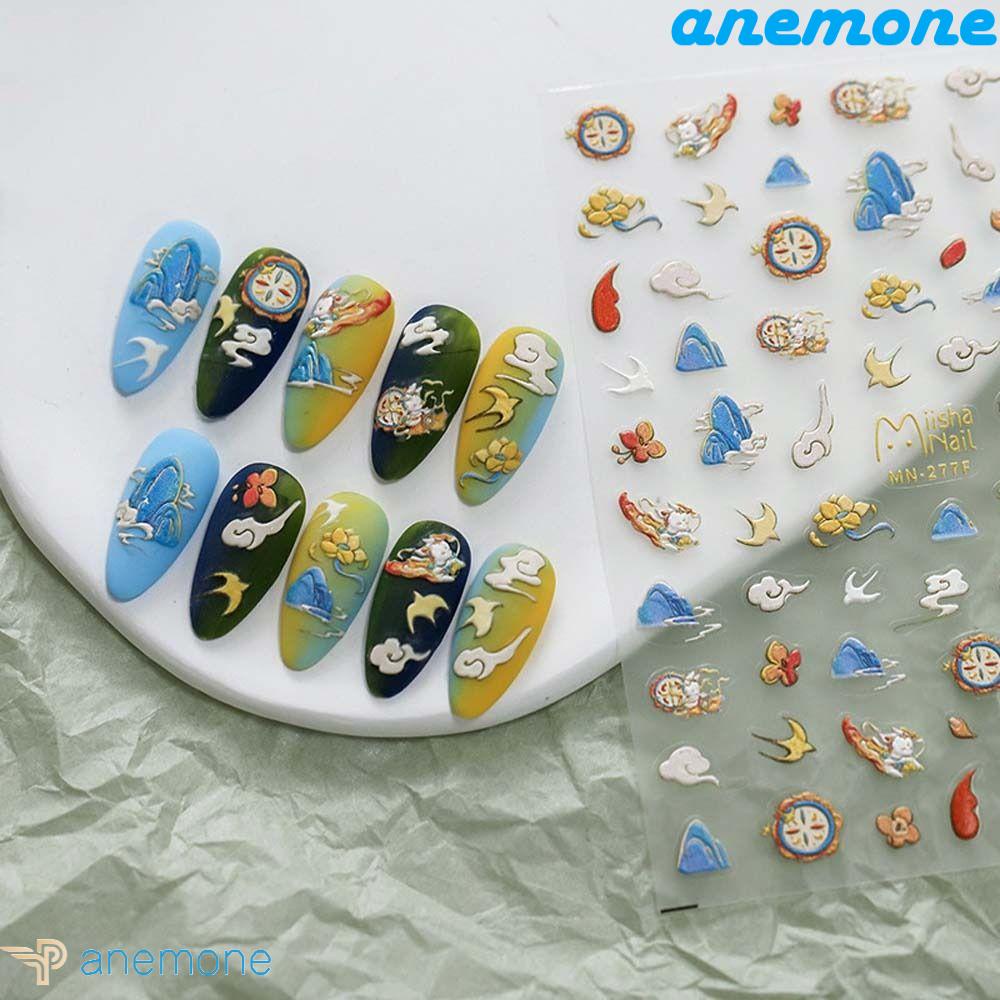 ANEMONE Miếng Dán Trang Trí Móng Tay DIY Họa Tiết Hoạt Hình Phong Cách Trung Hoa
