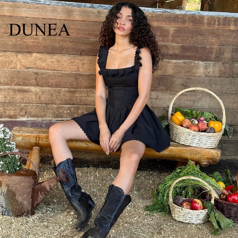 DUNEA Đầm Cổ Vuông Viền Gỗ Phong Cách Pháp Thời Trang Cho Nữ