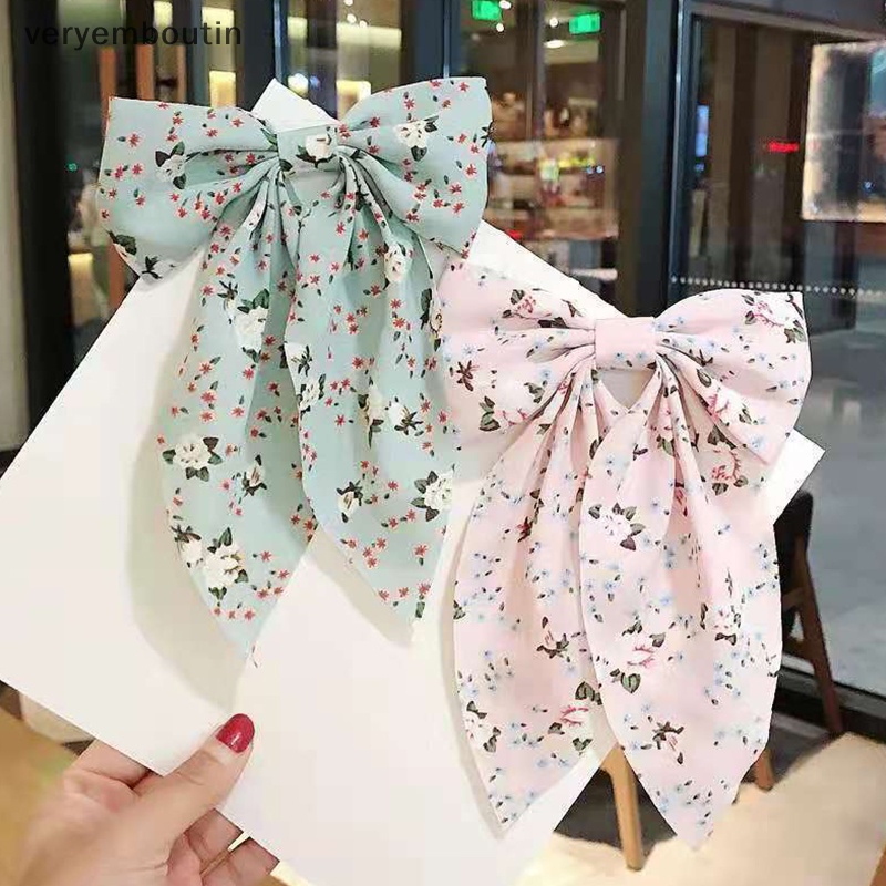 Kẹp Tóc Nơ Ruy Băng Bản Lớn Họa Tiết Hoa Thời Trang Hàn Quốc