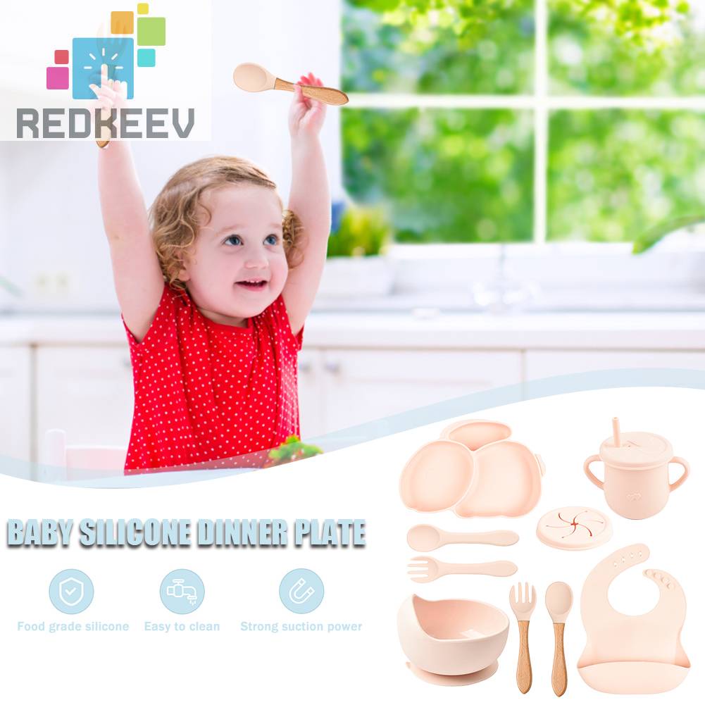 Bộ Bát Đĩa Ăn Silicone Hình Thỏ Hoạt Hình Có Cốc Hút Cho Bé