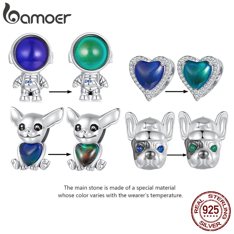 Bamoer Nhẫn Mạ Bạc 925 Đính Đá Zircon Hình Chú Chó / Trái Tim / Phi Hành Gia Thời Trang DIY