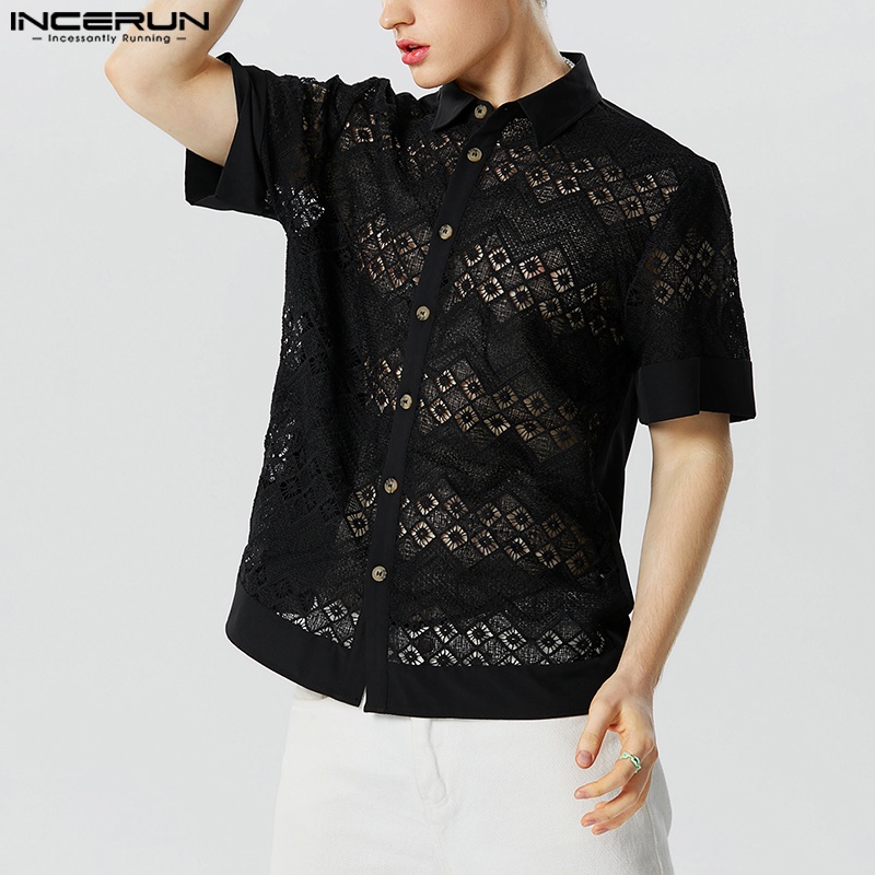 INCERUN Áo Sơ Mi Ngắn Tay Phối Ren Rỗng Kiểu Vintage Cá Tính Cho Nam