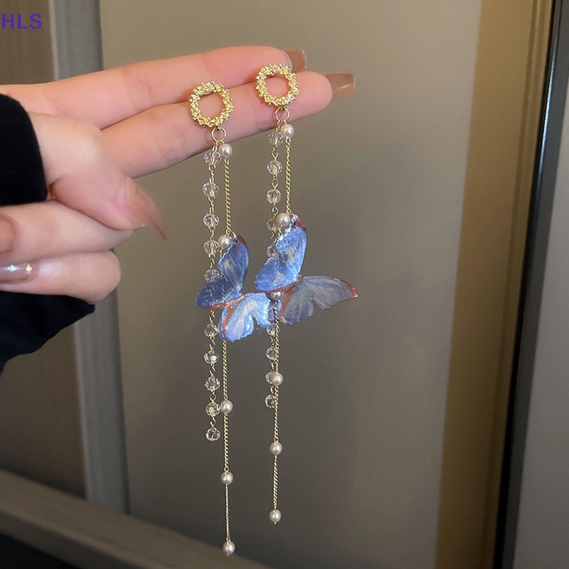 1 Đôi Bông Tai Dài Hình Bướm Và Ngọc Trai Màu Xanh Dương Lãng Mạn Dành Cho Nữ