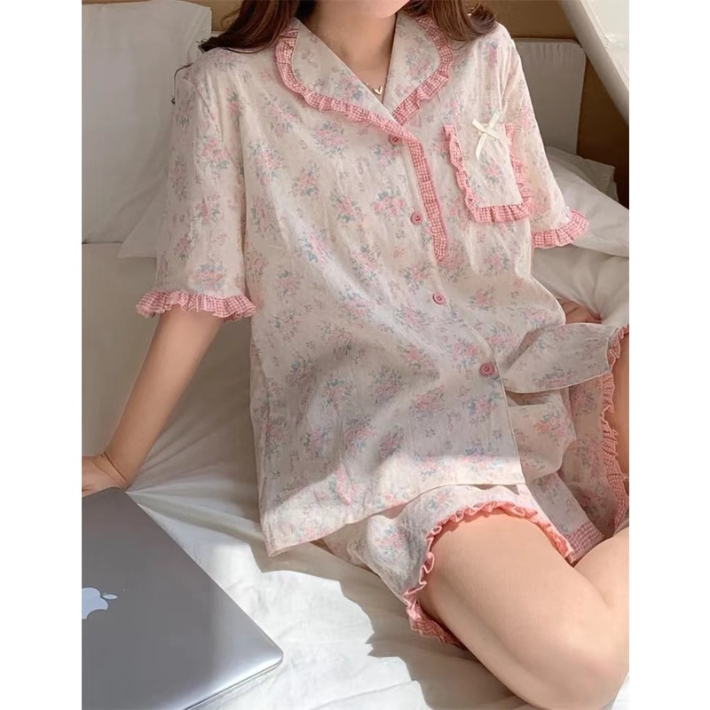 Bộ Đồ Ngủ Tay Ngắn Phối Ren Hoa Mỏng Thời Trang Xuân Hè Mới Cho Nữ