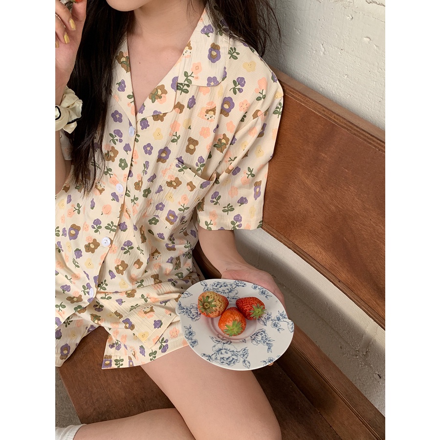 Bộ Đồ Ngủ Áo Thun Ngắn Tay + Quần Short In Hoa Thời Trang Mùa Hè Cho Nữ