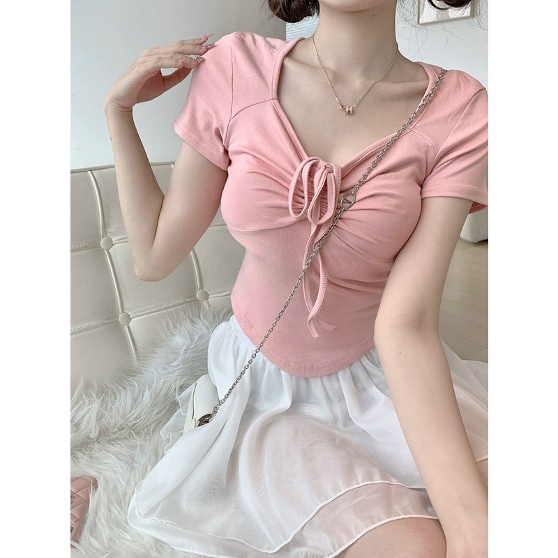 SUXI Áo Thun Ngắn Tay Cổ Chữ V Phối Dây Rút Thời Trang Mùa Hè Dành Cho Nữ