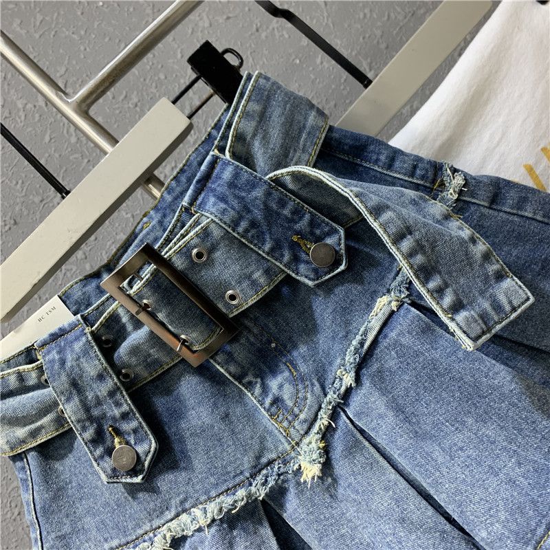 Chân Váy Denim Dáng Chữ a Xếp Ly Màu Xanh Dương Nhạt Phong Cách Retro Thời Trang Mùa Xuân 2023 Mới