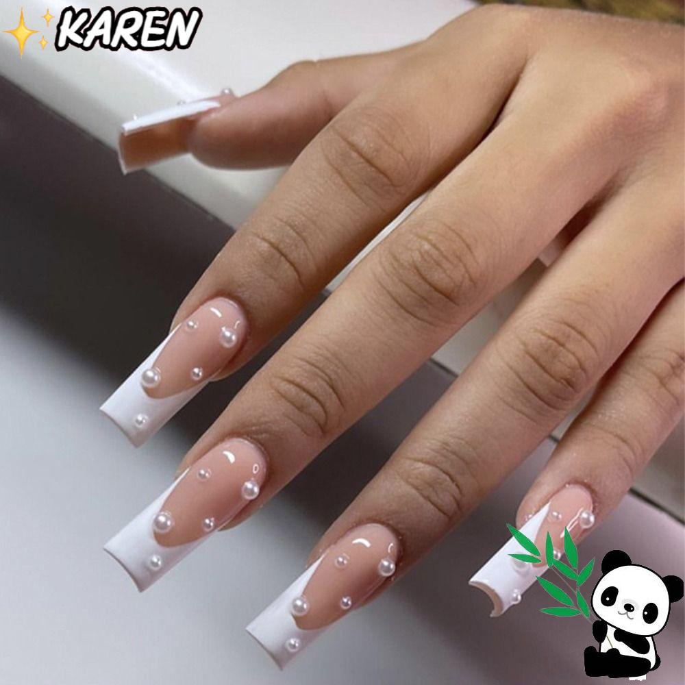 KAREN Bộ 24 Móng Tay Giả Đính Ngọc Trai Có Thể Tháo Rời