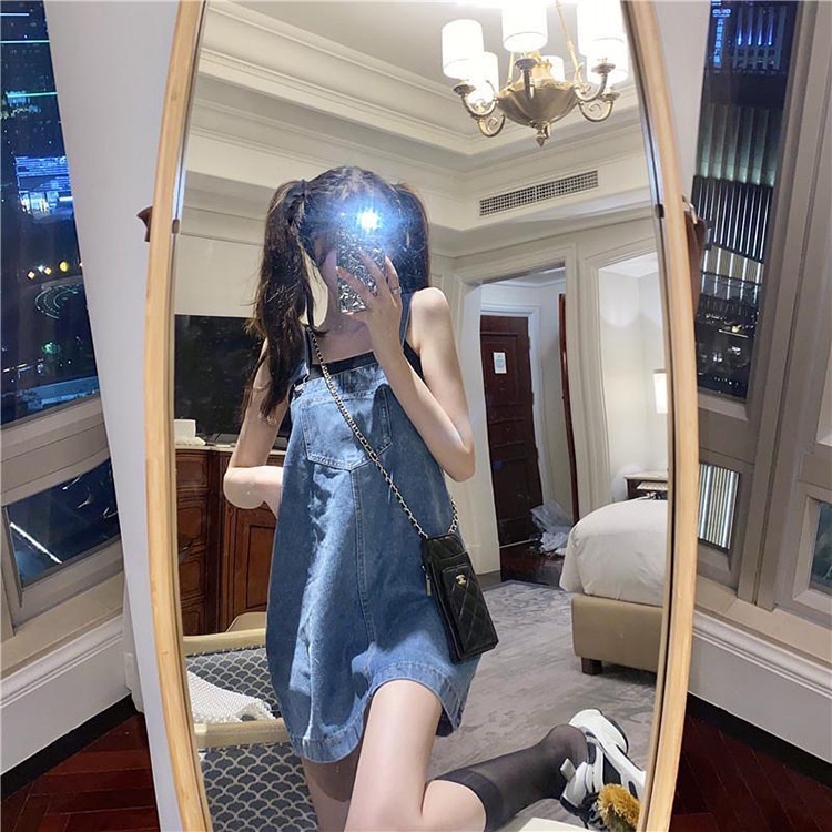 Đầm Denim Hai Dây Ngắn Dáng Rộng Phong Cách Hàn Quốc Thời Trang Xuân Hè 2023