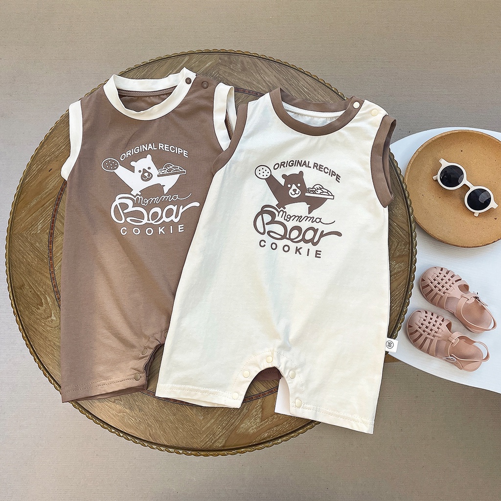 Áo Liền Quần Bằng Cotton In Họa Tiết Gấu Dễ Thương Thời Trang Mùa Hè Cho Bé Trai 0-24 Tháng Tuổi