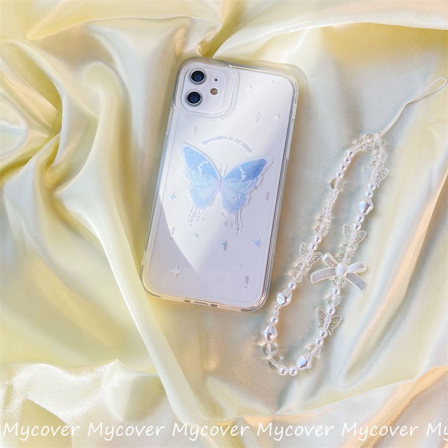 Ốp Điện Thoại Silicon Mềm Chống Sốc Hình Bướm Gắn Dây Đeo Chuỗi Hạt Cho iPhone 11 12 13 14 Pro Max X Xr Xs 8 7 6 Plus SE 2020