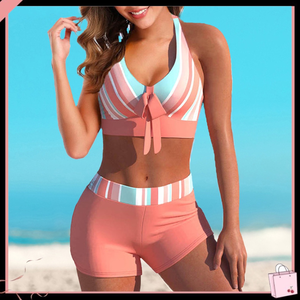 Bộ Đồ Bơi 2 Mảnh Cổ Chữ V Có Đệm Mút In Họa Tiết Sọc Chéo Lưng Dành Cho Nữ