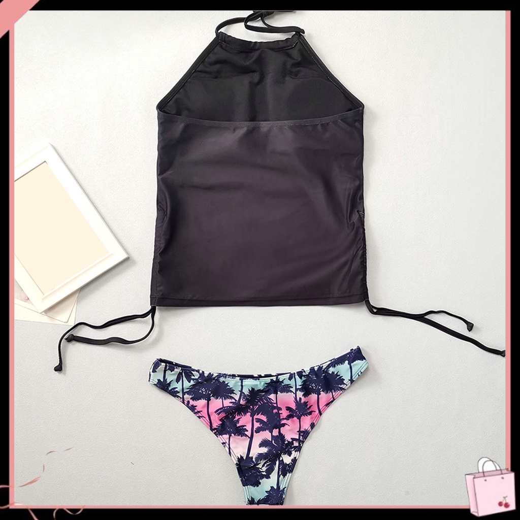 {Soltweter} Bộ Đồ Tắm 2 Mảnh Dây Rút Hở Lưng Không Có Đệm Lót Lưng In Hình Cây Dừa Lưng Thấp Đi Biển