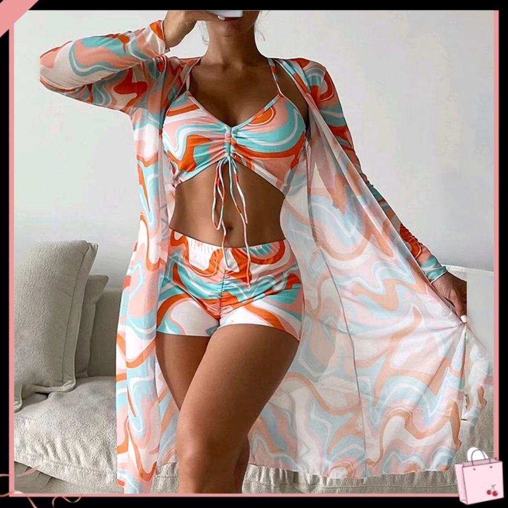 Bộ Bikini 3 Mảnh Gồm Áo Dài Tay Và Quần Short Lưng Cao Co Giãn In Họa Tiết