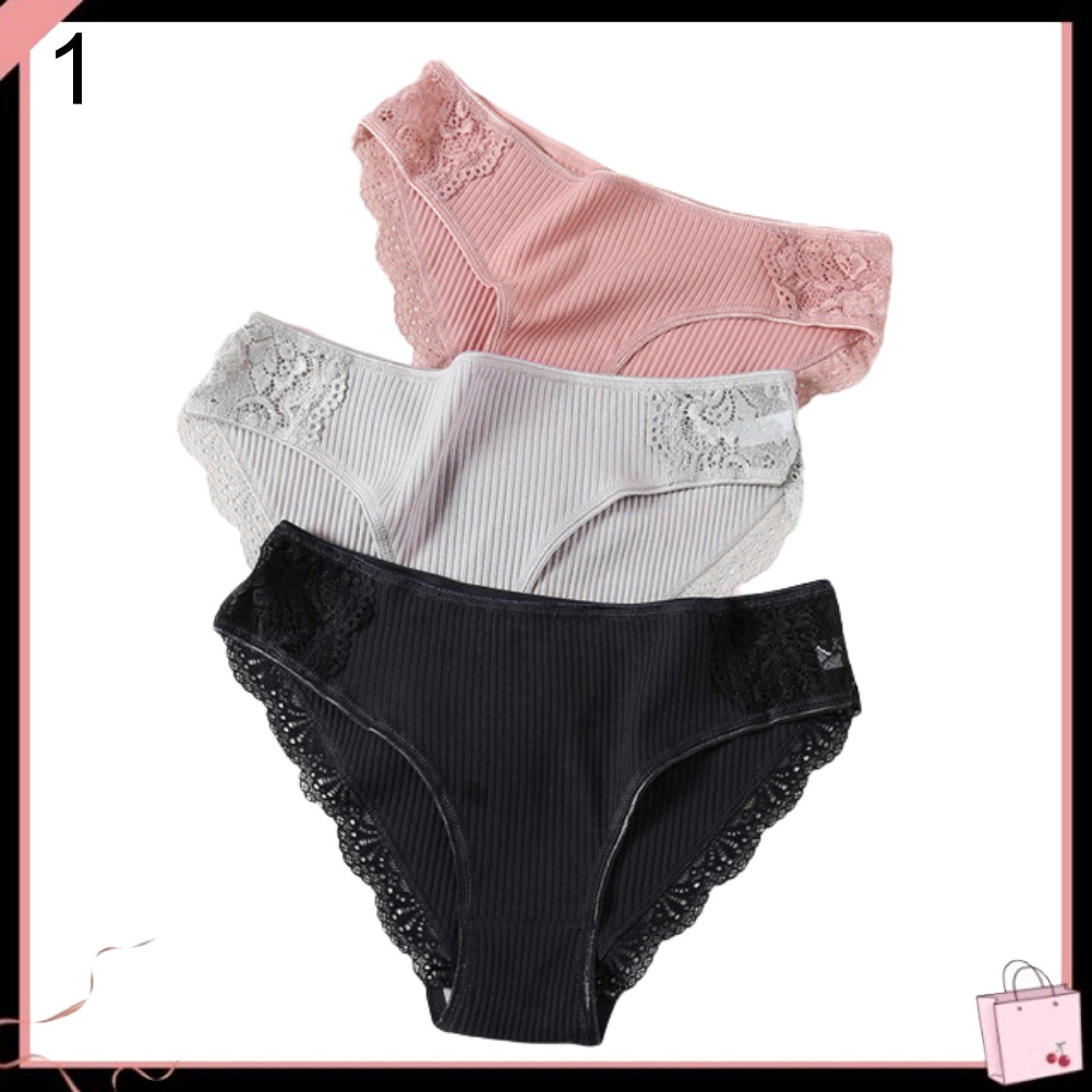 {Soltweter} Bộ 3 Quần Lót Cotton Màu Trơn Viền Ren Cạp Vừa Gợi Cảm Cho Nữ