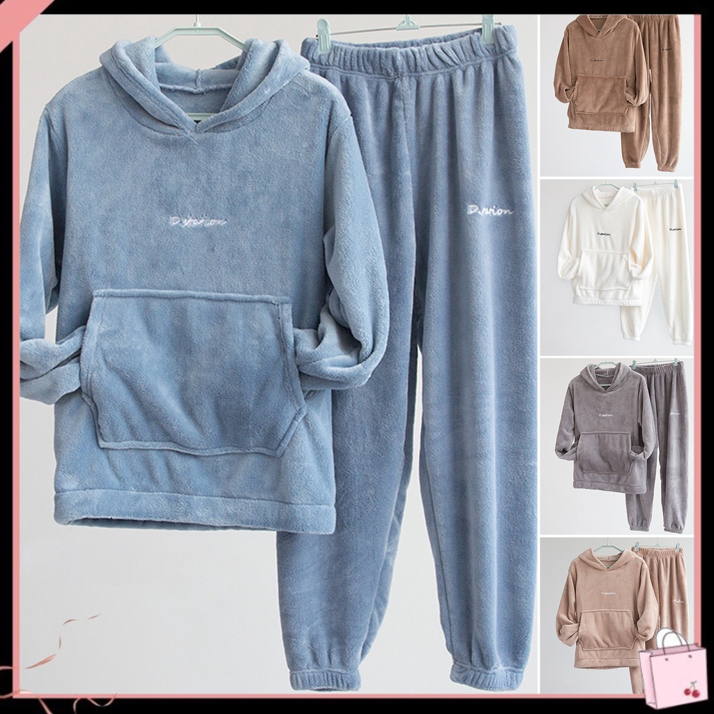Bộ Đồ Ngủ 2 Món Gồm Áo Hoodie Tay Dài Và Quần Dài Dáng Rộng Co Giãn Thời Trang Mùa Đông