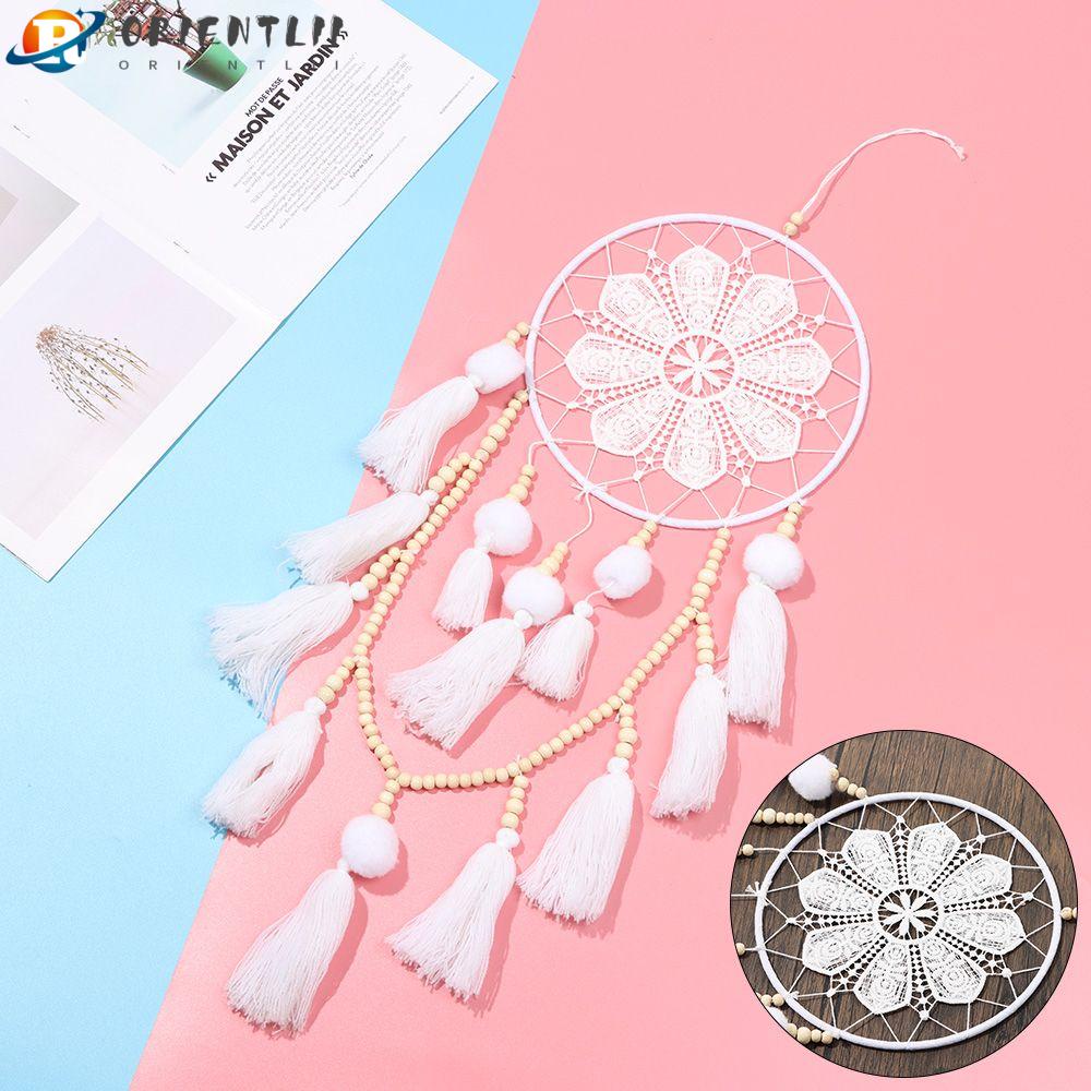 ORIENTLII Dreamcatcher Đính Hạt Gỗ Và Hoa Trắng Thời Trang Cho Phòng Bé Gái