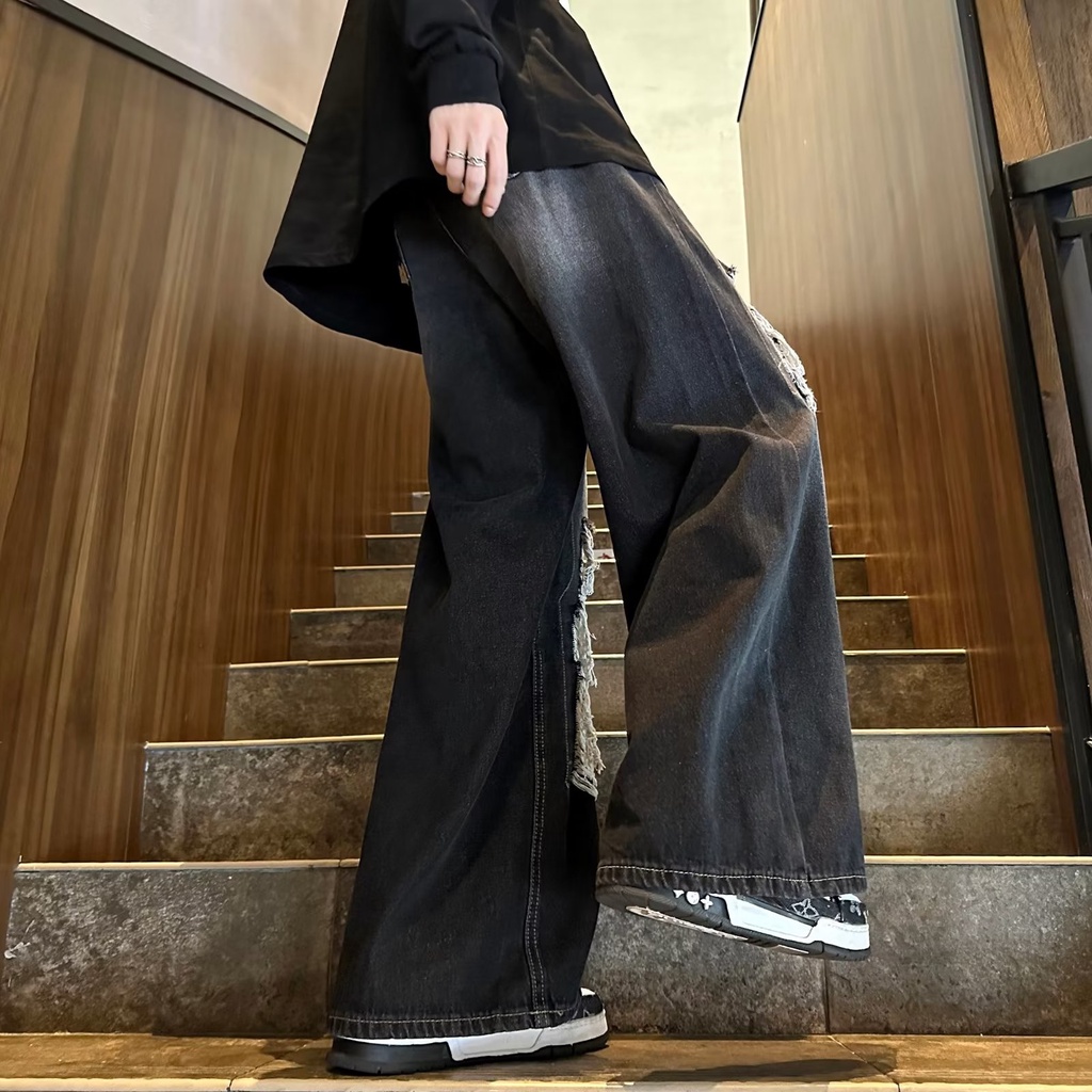 Quần Jean Dài Ống Rộng Phối Rách Kiểu Retro Đường Phố Thời Trang Mùa Hè Cá Tính