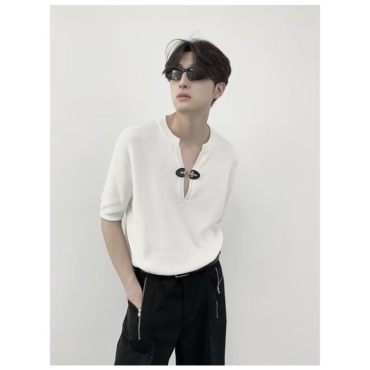 Áo Thun Dệt Kim Tay Ngắn Cổ Chữ V Dễ Phối Đồ Hợp Thời Trang