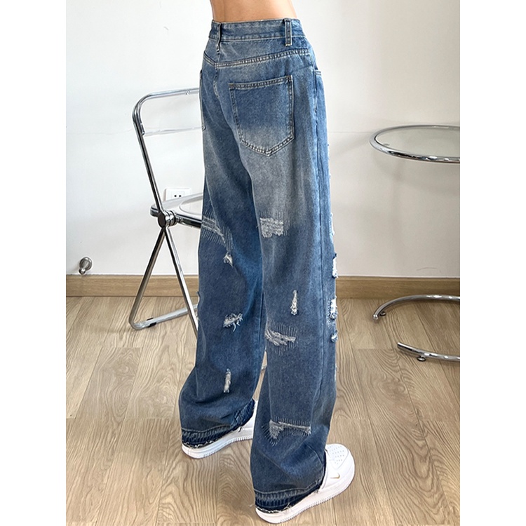 Quần Jean Dài Dáng Rộng Rách Gối Kiểu Retro Đường Phố Mỹ Cá Tính Cho Nam