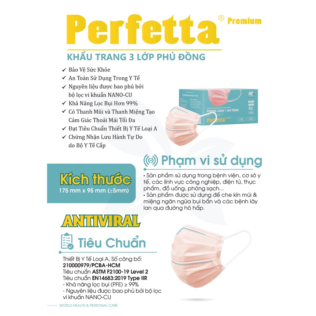 Khẩu Trang Y Tế 3 Lớp Cao Cấp - Chính hãng Perfetta Premium Cao Cấp -Hai thanh mũi miệng phủ Nano đồng (40 cái/hộp)