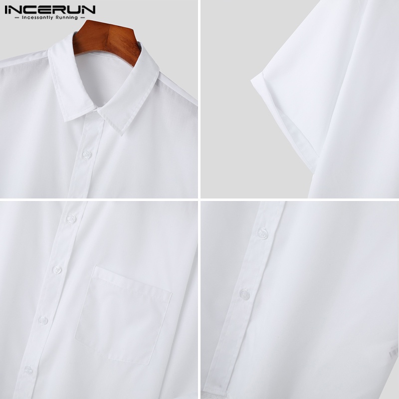 INCERUN Áo Sơ Mi Tay Ngắn Màu Trơn Thời Trang Trẻ Trung Cho Nam