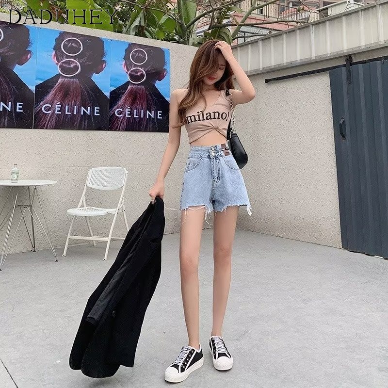 DaDuHey New Korean Version of INS Raw Edge Ripped Denim Shorts Niche High Waist Wide Leg Pants Hot Pants