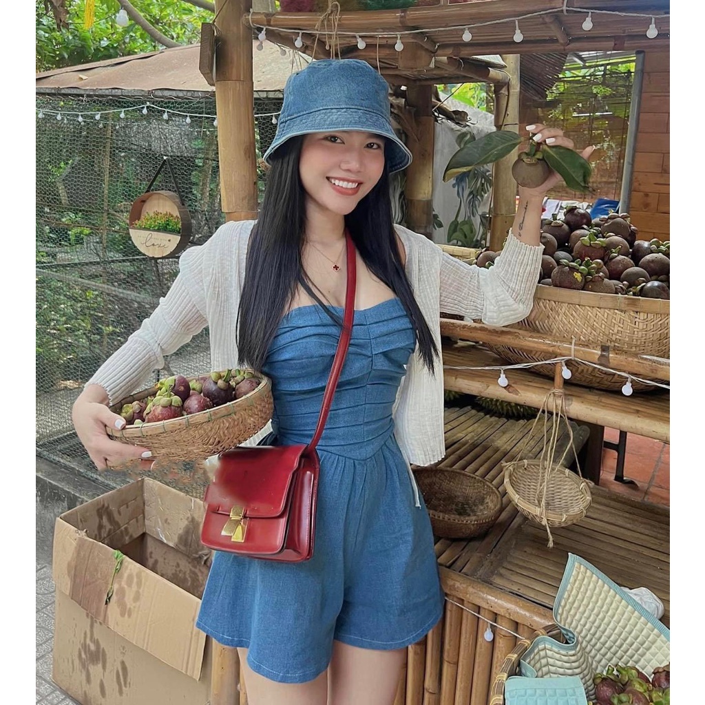 M568 - Jumpsuit jeans quây cúp ngực xếp ly thời trang hè 2023