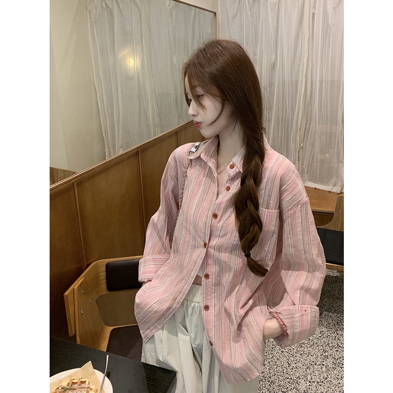 SUXI Áo Sơ Mi Dài Tay Họa Tiết Kẻ Sọc Phong Cách Hàn Quốc