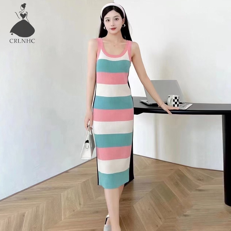 Đầm Dệt Kim Ôm Dáng Không Tay Họa Tiết Kẻ Sọc Màu Tương Phản Cho Nữ vn
