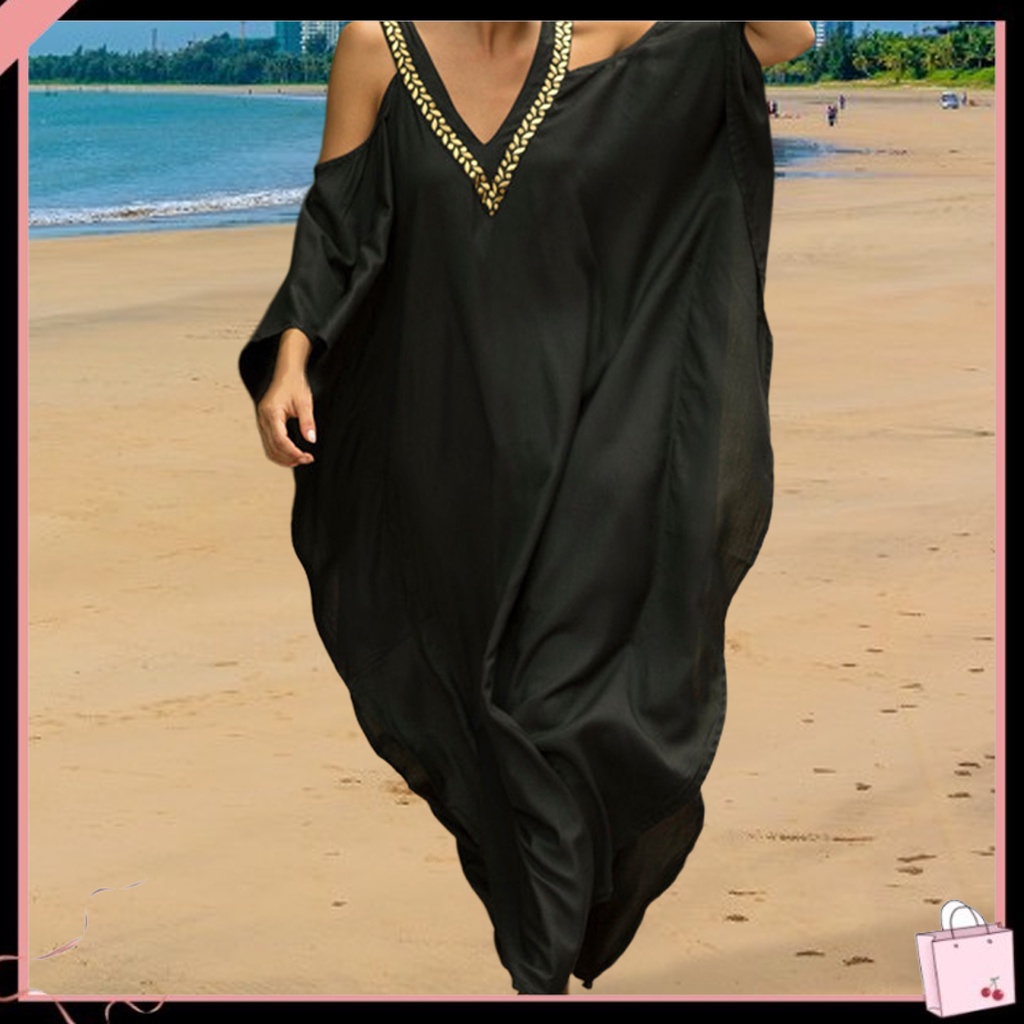 Đầm Cánh Dơi Màu Trơn Trễ Vai Cổ Chữ V Thời Trang Đi Biển