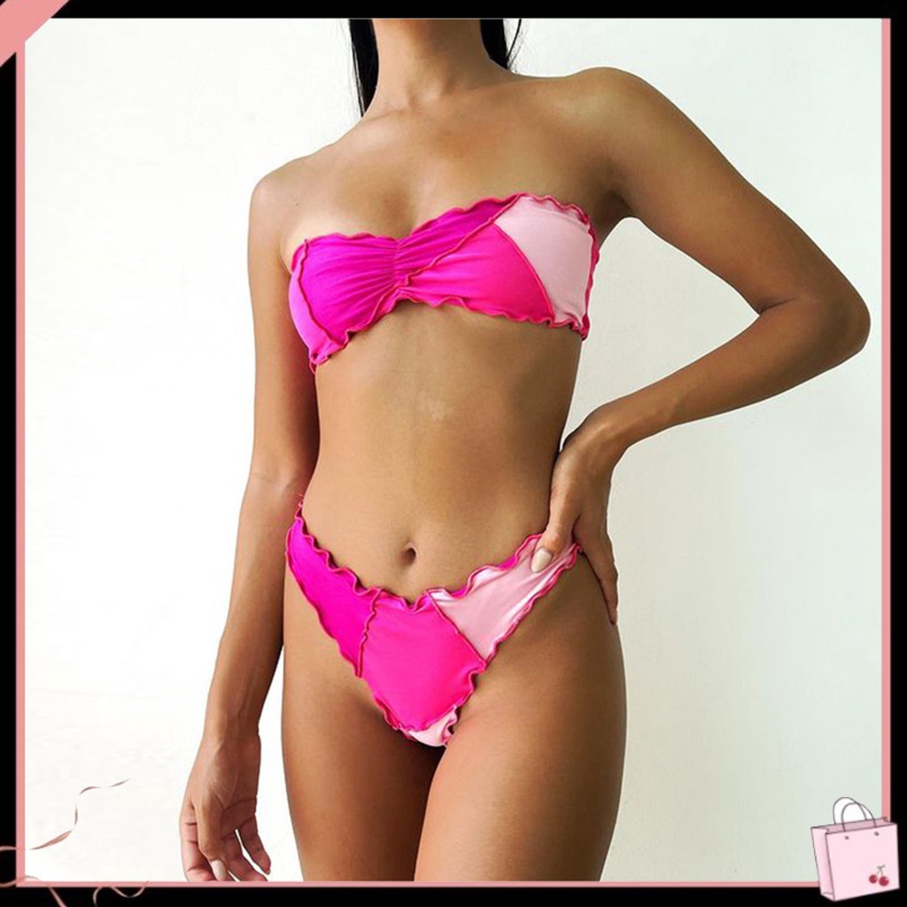 Bộ Đồ Bơi 2 Mảnh Màu Sắc Khối Gợn Sóng Cắt Thấp Quyến Rũ